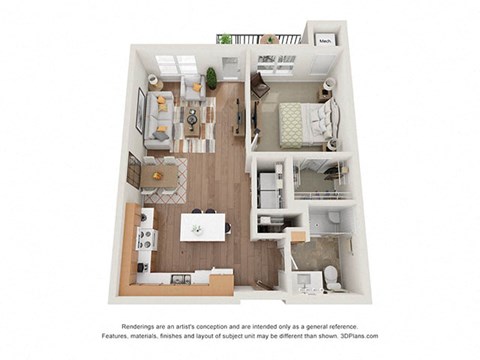 Floor plan for 1 bed, 1 bath, 723 sqft